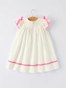 Spring White Girls Dress with Pink Bow Embroidery