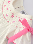 Spring White Girls Dress with Pink Bow Embroidery