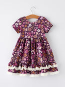 Retro Floral Print Short Sleeve  Girls Dress  with Pockets