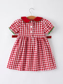 Girls Christmas Outfit – Red Plaid Dress with Tree Bow Accents