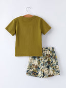 Duck Embroidery Boys Set Green Tee and Camo Shorts