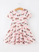 Girls Western Horse Print Twirl Dress Short Sleeve