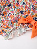 Orange Floral Bow Petals Collar Girls Romper