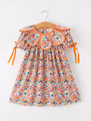 Orange Floral Bow Petals Collar Girls Dress