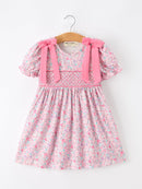 Pink Bow Smocked Floral Girl Dress
