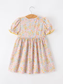 Yellow Bow Smocked Floral Girl Dress