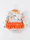 Halloween Bow Print Girls Romper Ruffle Bow Long Sleeve