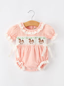 Western Horse Embroidery Girls Romper Lace Petals Collar Puff Sleeve