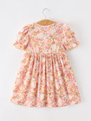 Peach Bow Smocked Floral Girl Dress