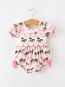 Western Horse Smocked Girls Romper Bow Ruffle Short Sleeve
