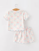Bow Floral Girl Short Set Scallop Hem
