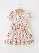Fall Floral Puff Sleeve Ruffle Girls Dress