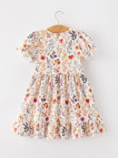 Fall Floral Puff Sleeve Ruffle Girls Dress