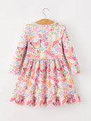 Fall Butterfly Floral Print Girls Ruffle Hem Twirl Dress