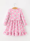Fall Cat Print Girls Ruffle Hem Twirl Dress