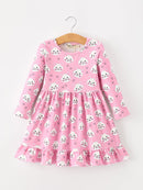 Fall Cat Print Girls Ruffle Hem Twirl Dress