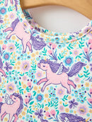 Unicorn Floral Print Girls Short Sleeve Twirl Dress