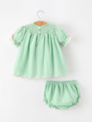 Christmas Mint Green Smocked Santa Baby Girl Bloomer Set