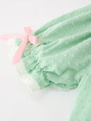 Christmas Mint Green Smocked Santa Girls Puff Sleeve Dress