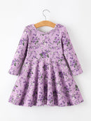 Fall Lavender Floral Print Girls Long Sleeve Twirl Dress