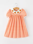 Fall Pumpkin Embroidered Puff Sleeve Girls Dress