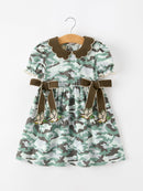 Fall Camo Bow Girls Puff Sleeve Twirl Dress