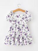 Fall Lavender Floral Puff Sleeve Girls Dress