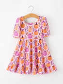 Thanksgiving Halloween Pumpkin Bow Ruffled Girls Dress