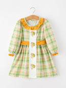 Thanksgiving Turkey Applique Plaid Girls Long Sleeve Dress