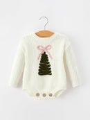 Winter Christmas Tree Girls Knit Romper Bow Long Sleeve