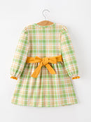 Thanksgiving Turkey Applique Plaid Girls Long Sleeve Dress