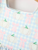 Fall Pastel Pumpkin Bow Plaid Girls Ruffle Hem Dress
