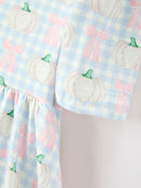 Fall Pastel Pumpkin Bow Plaid Girls Ruffle Hem Dress