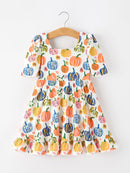 Halloween Pumpkin Print Girls Ruffle Hem Dress