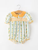 Fall Smocked Floral & Stripe Baby Girl Romper with Scallop Collar