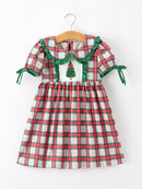 Christmas Tree Plaid Girls Dress Petals Collar Ruffle