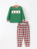 Christmas Tree Plaid Boys Set Long Sleeve Top Pants