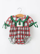 Christmas Tree Plaid Girls Romper Petals Collar Ruffle
