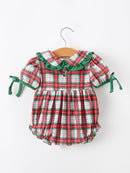 Christmas Tree Plaid Girls Romper Petals Collar Ruffle