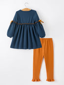 Thanksgiving Turkey Applique Girls Outfit Set Navy Top Orange Pants Set