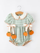 Fall Plaid Baby Girl Romper Pumpkin Bow Peter Pan Collar