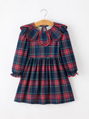 Fall Plaid Girl Dress Petal Collar Puff Sleeve Long Sleeve