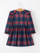 Fall Plaid Girl Dress Petal Collar Puff Sleeve Long Sleeve