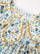 Floral Girls Dress Peter Pan Collar Yellow Trim Puff Sleeve Dress