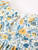 Floral Girls Dress Peter Pan Collar Yellow Trim Puff Sleeve Dress