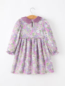 Purple Floral Girls Dress Velvet Collar Bow Long Sleeve Dress