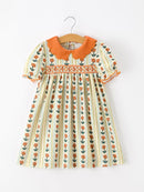 Fall Floral Stripe Girls Dress Petals Collar Smocked Puff Sleeve
