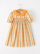 Fall Floral Stripe Girls Dress Petals Collar Smocked