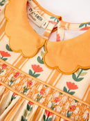 Fall Floral Stripe Girls Dress Petals Collar Smocked