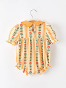 Fall Floral Stripe Baby Girls Romper Petals Collar Smocked
